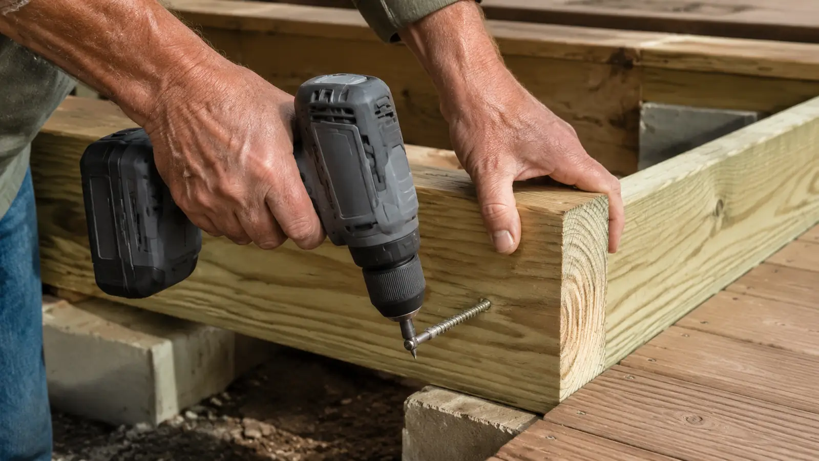A weathered hand driving a deck screw with a cordless drill driver sunk into the end grain of a treated board
