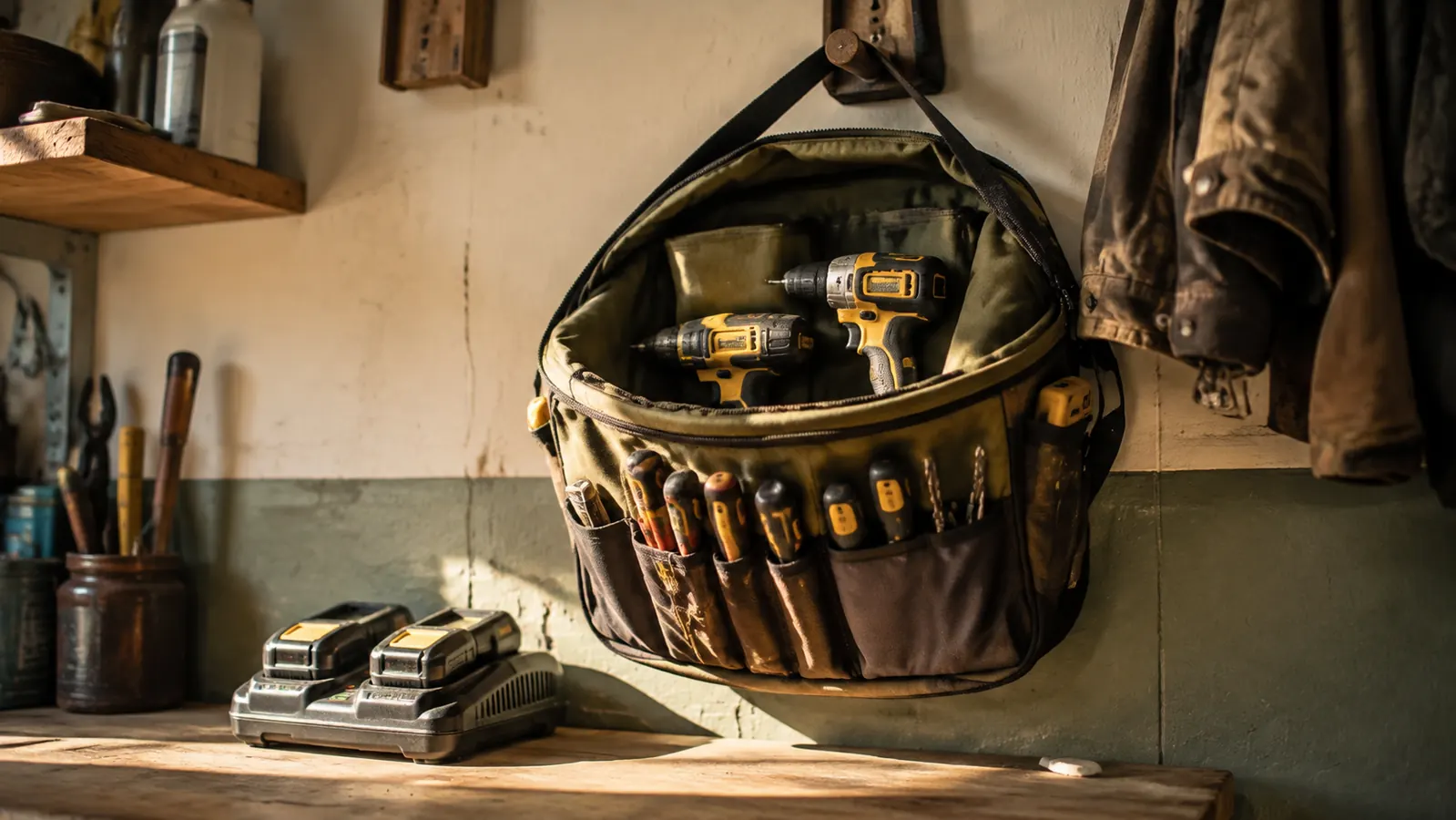A canvas tool bag on a garage shelf with batteries charging on a bench below it, shop tidy and tools put away