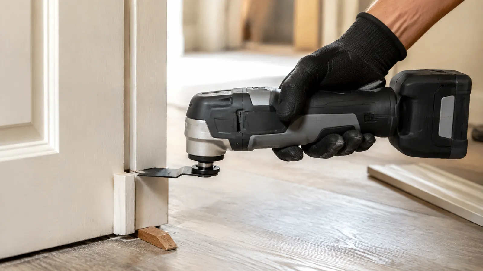 A hand guiding a cordless oscillating multi-tool to cut a piece of door trim flush against a painted door jamb