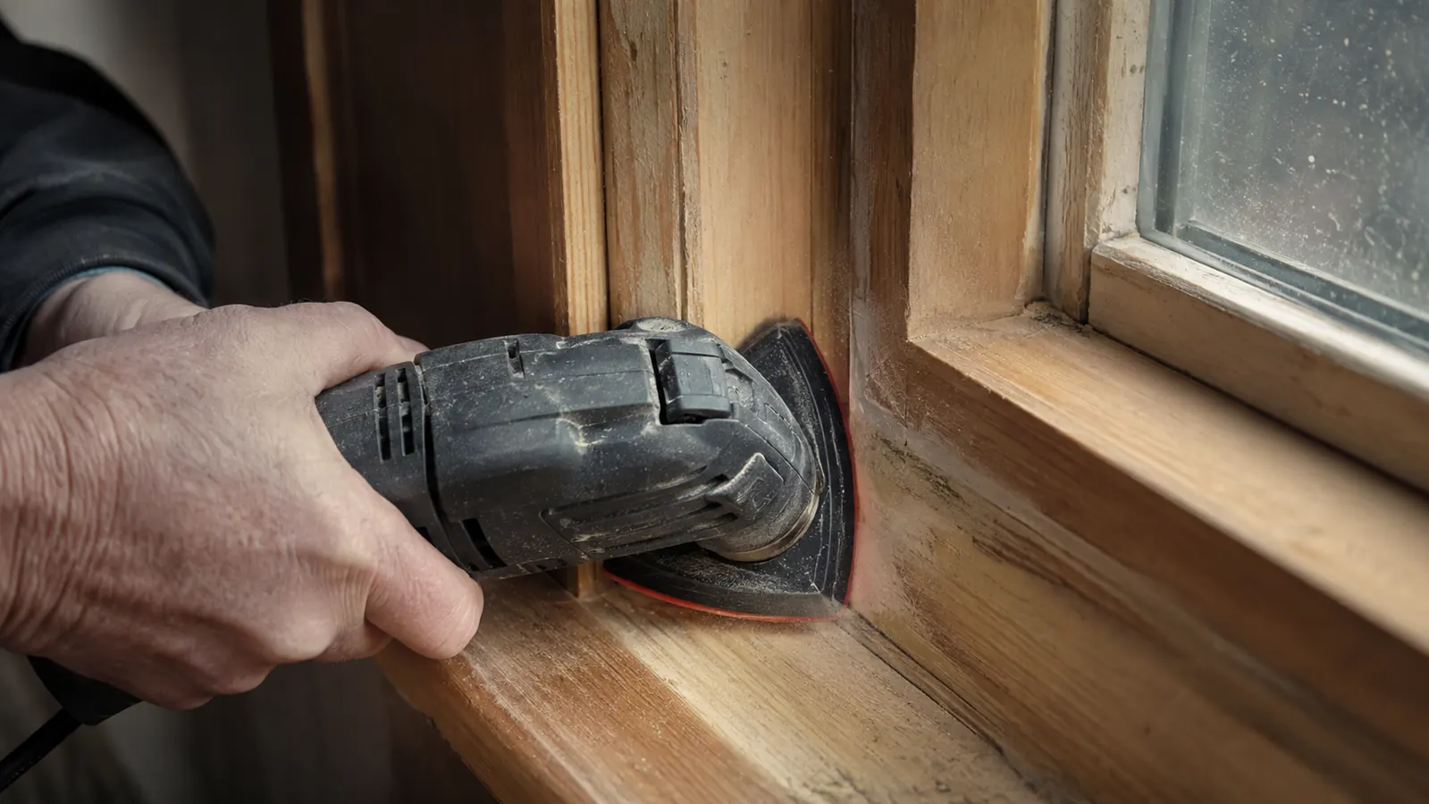 Close-up of an oscillating tool's triangular sanding pad reaching into a tight inside corner where a sander cannot fit
