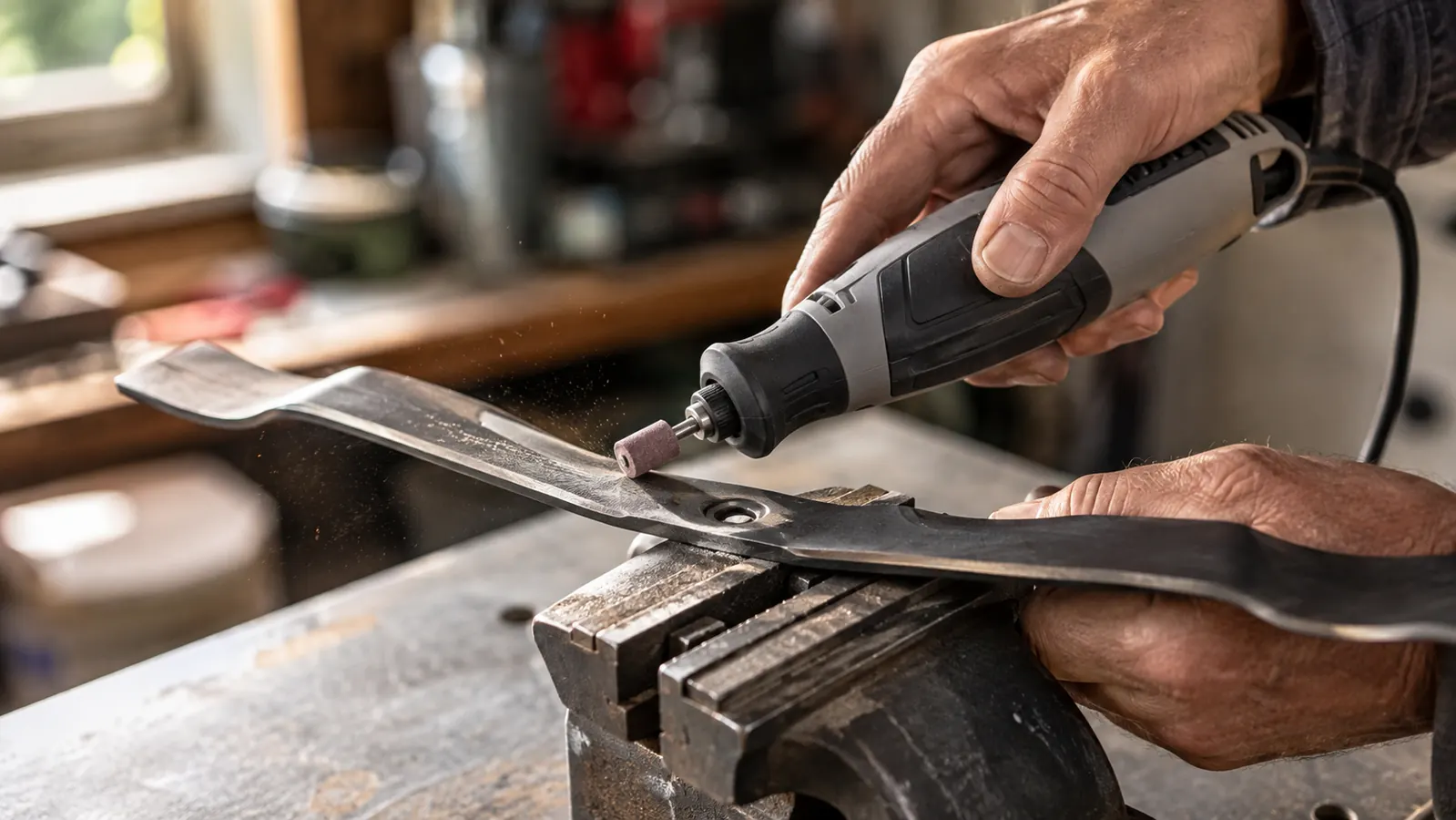 A hand guiding a rotary tool fitted with a grinding stone along the edge of a steel lawn mower blade held in a bench vise