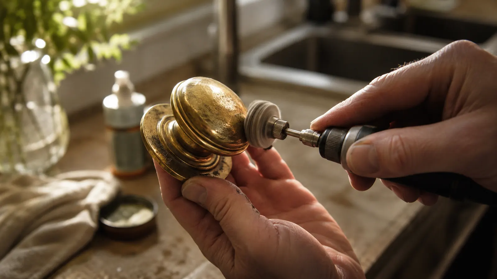 Close-up of hands polishing a tarnished brass doorknob with the felt polishing wheel of a rotary tool on a kitchen counter in warm window light