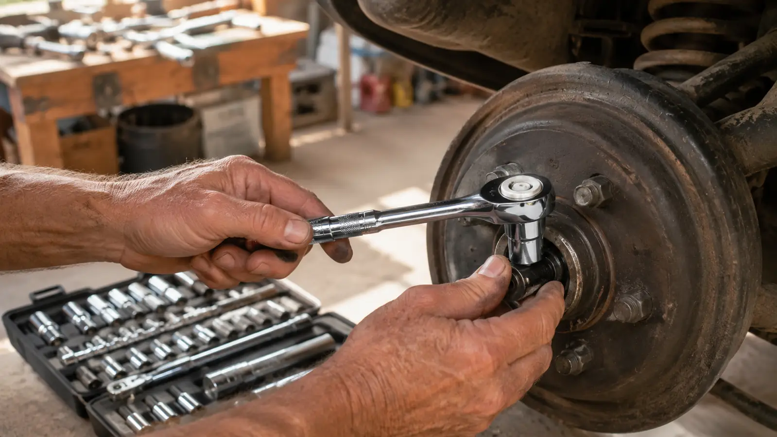 A hand working a chrome ratchet over a steel bolt on a vehicle wheel hub, workbench and tools in soft daylight behind