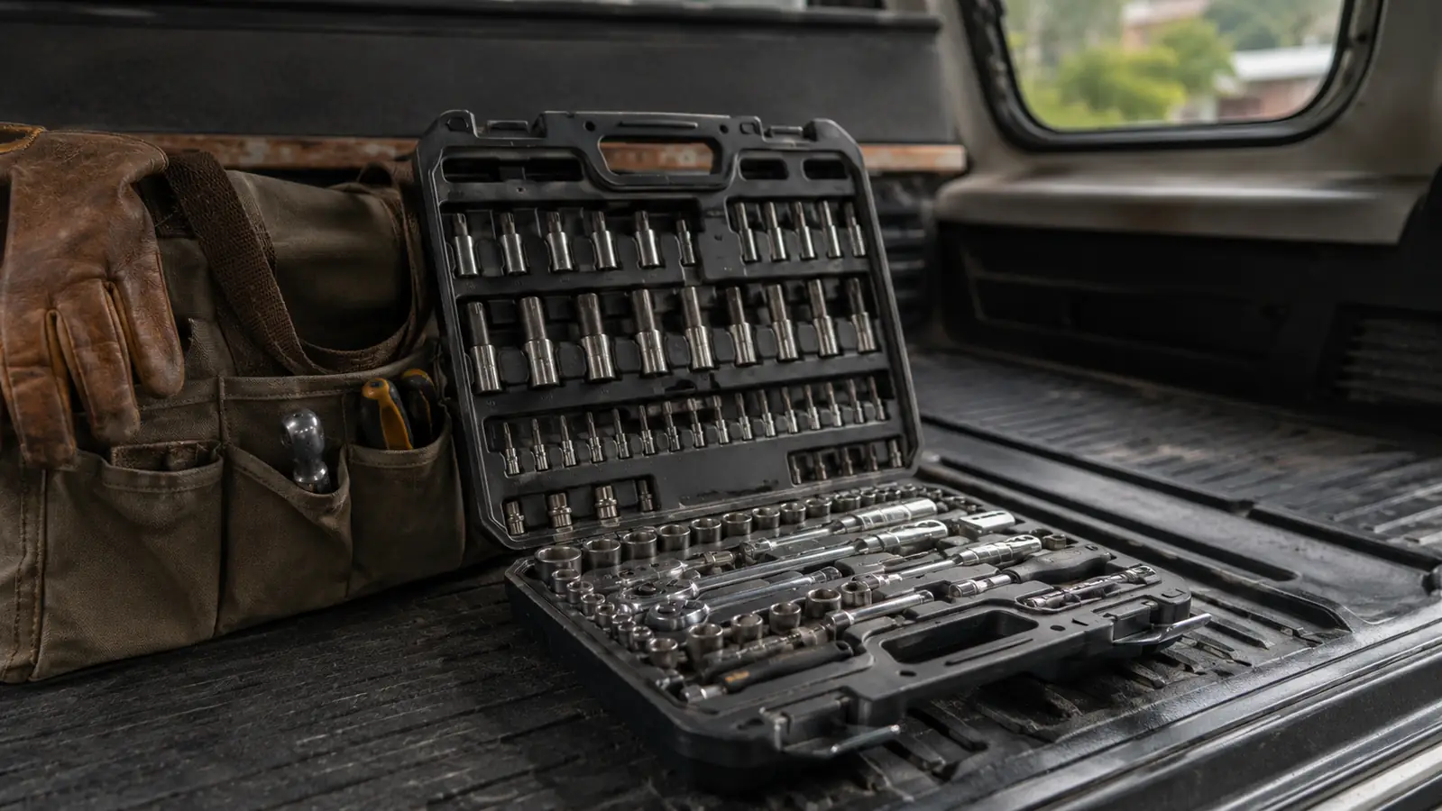 An open socket set case resting on the floor mat of a truck cargo space beside a tool bag, ready to travel to a rental property