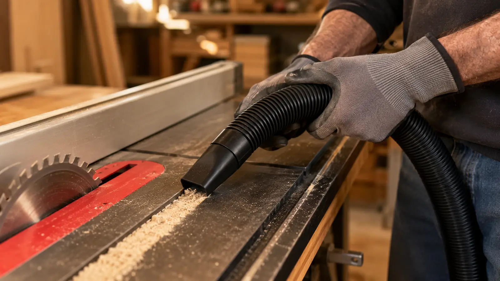 A gloved hand running a shop vac hose along the edge of a table saw to collect fine sawdust