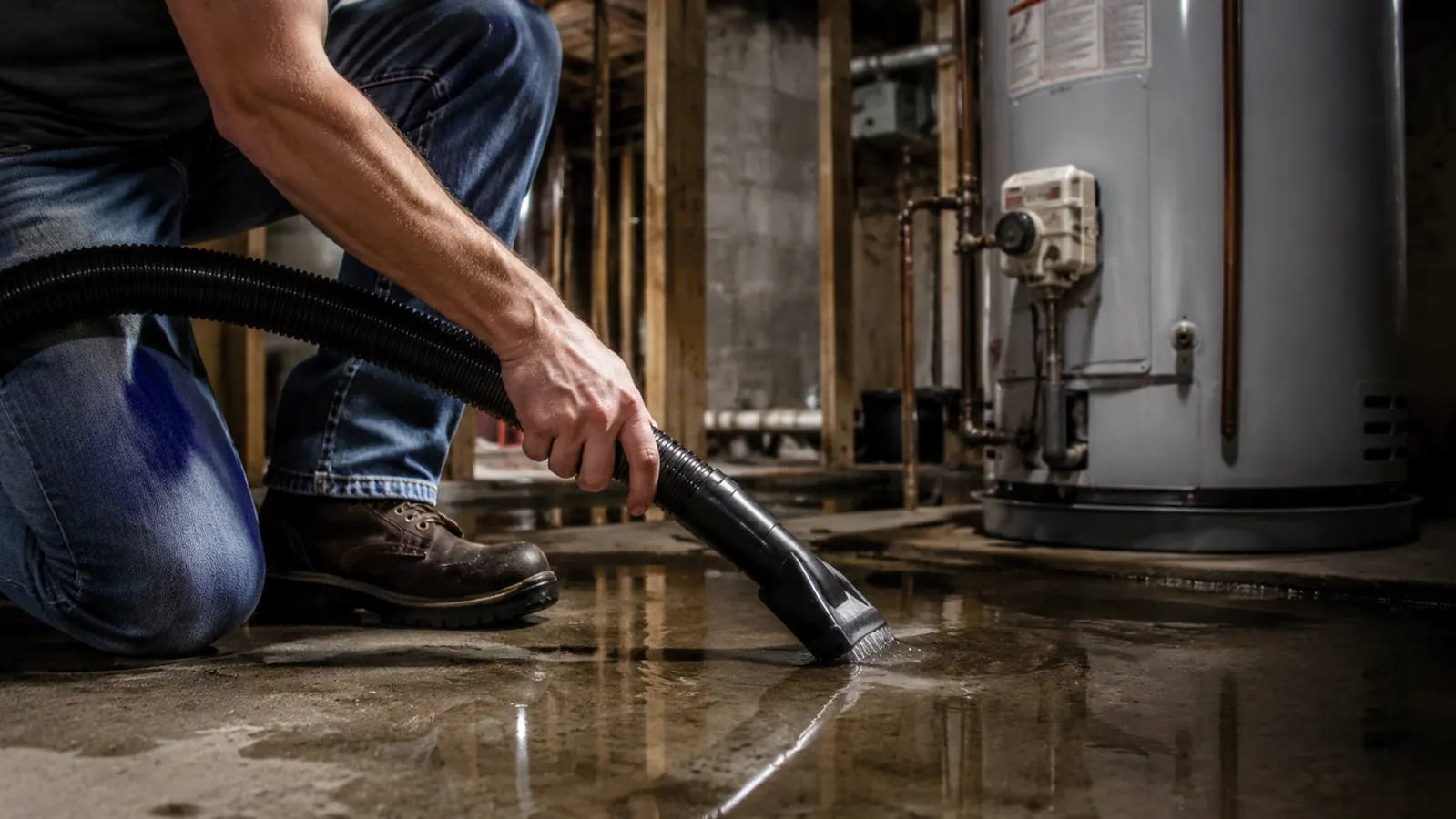 A shop vac hose drawing up a shallow pool of standing water on a basement floor beside a water heater