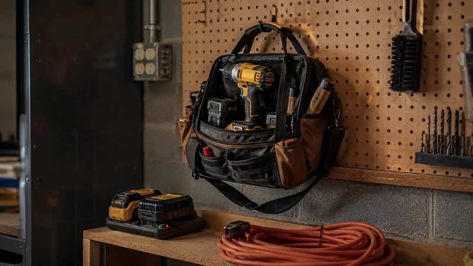 A cordless drill kit soft bag hanging on a hook in an organized garage, a row of batteries charging on a shelf below it.