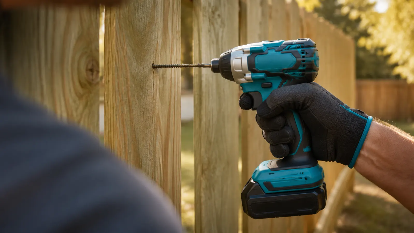 A gloved hand driving a long deck screw into a pressure-treated fence picket with the kit's impact driver