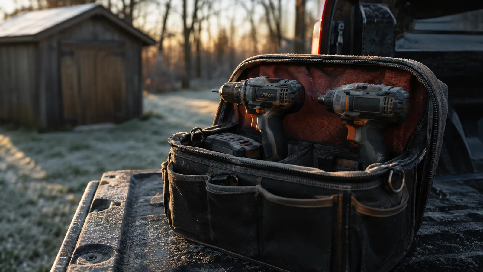 An open soft tool bag on a pickup tailgate holding two cordless tools at sunrise, with a backyard shed behind