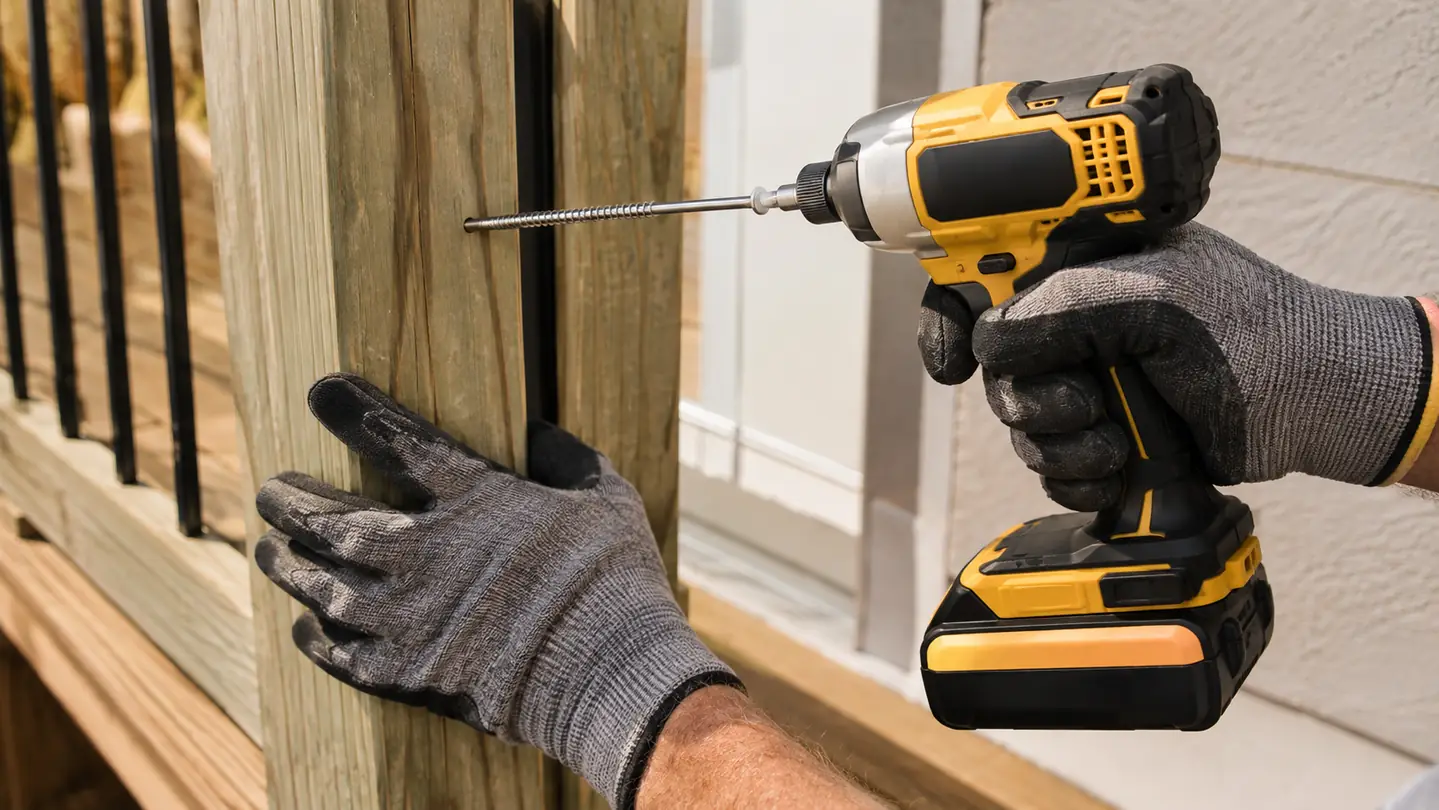 Close view of a gloved hand driving a long stainless screw into a pressure-treated board with a cordless impact driver