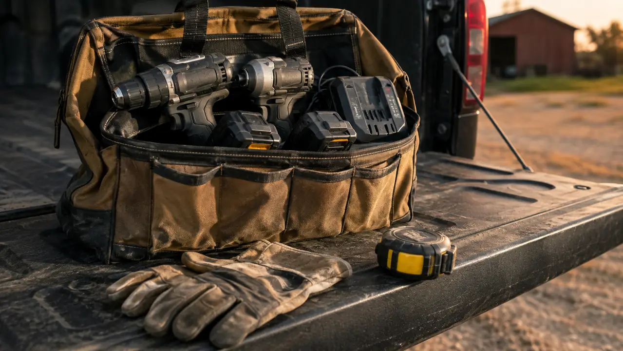 An open canvas tool bag holding a cordless drill, an impact driver, a charger, and two spare batteries on a pickup tailgate in late afternoon light