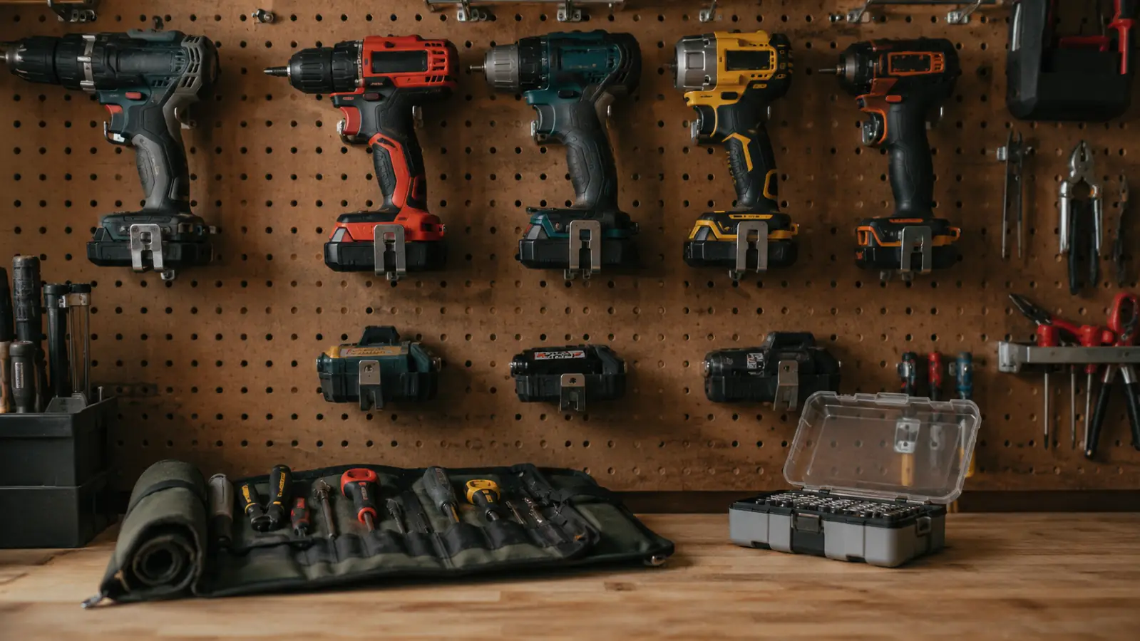 A tidy garage pegboard wall with cordless drills and batteries clipped in place above a clean workbench