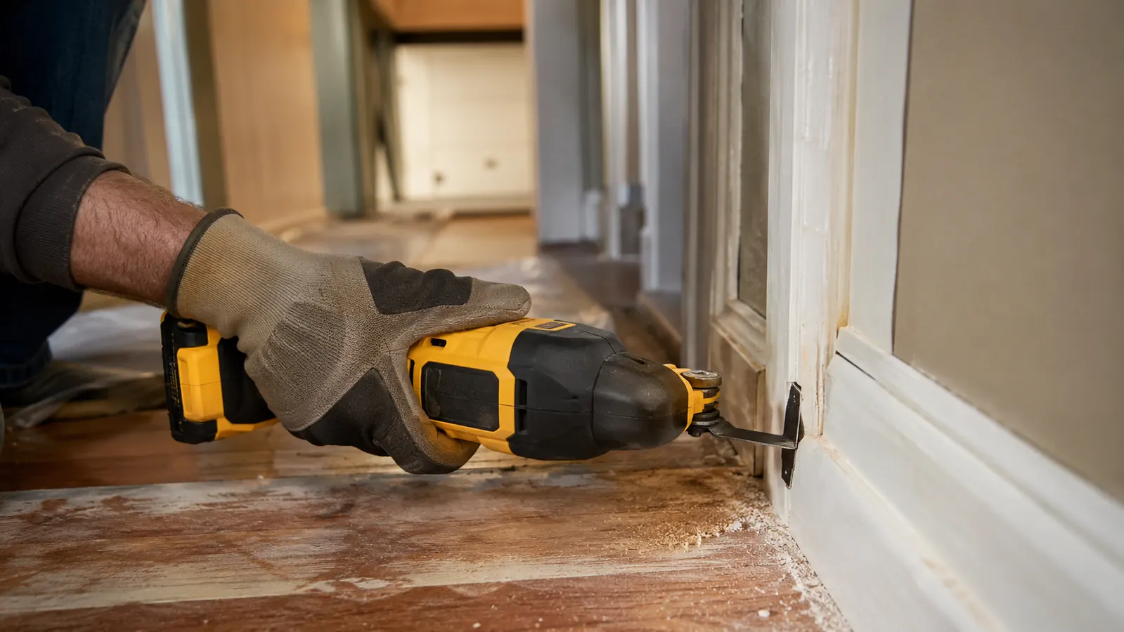 A gloved hand holding the DEWALT DCS356C1 oscillating tool, flush-cut blade against a door jamb, cutting a quarter-round molding