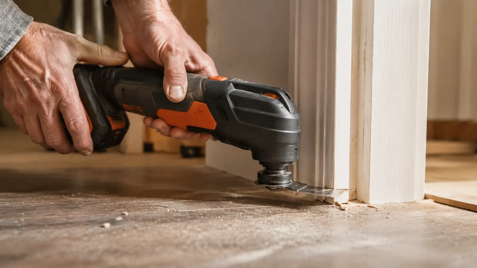 A hand guiding a cordless oscillating multi-tool to cut through a door casing flush with the floor