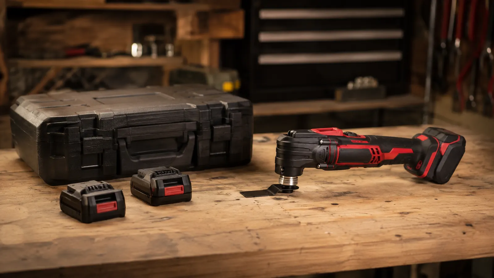 A homeowner in a workshop with the cordless oscillating tool and its case on a workbench beside cordless batteries