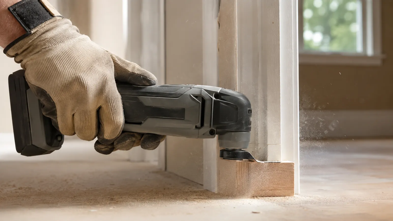 Close view of a gloved hand guiding the cordless multi-tool for a flush cut against a wooden door jamb, fine sawdust in the air