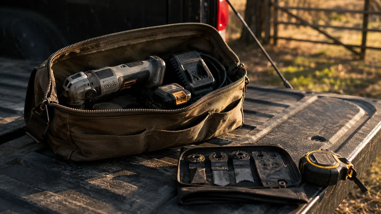 An open canvas tool bag on a pickup tailgate holding a cordless multi-tool, a charger, and a spare battery, with blades in a zipper pouch, late afternoon rural light