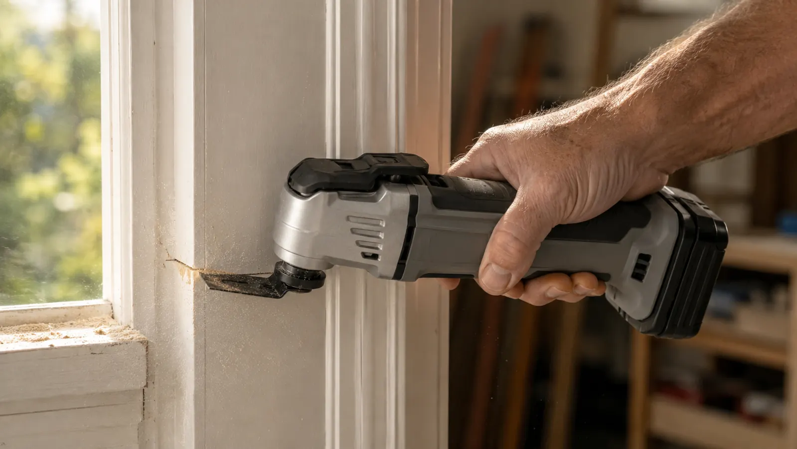 A hand guiding a cordless oscillating multitool in a flush cut against a white door casing, sawdust drifting in the light