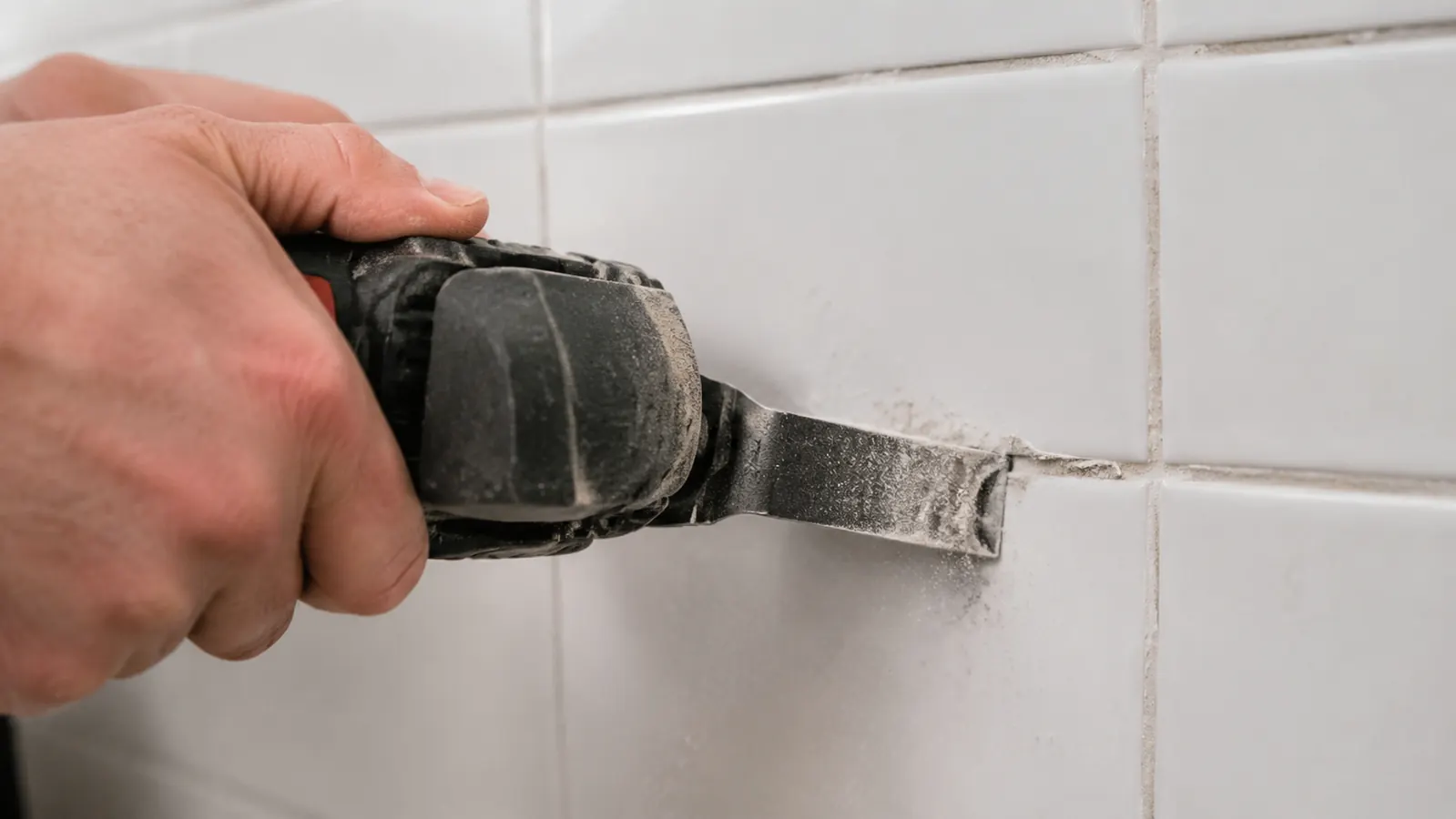 A homeowner scoring out a short line of grout between wall tiles with the edge of an oscillating blade