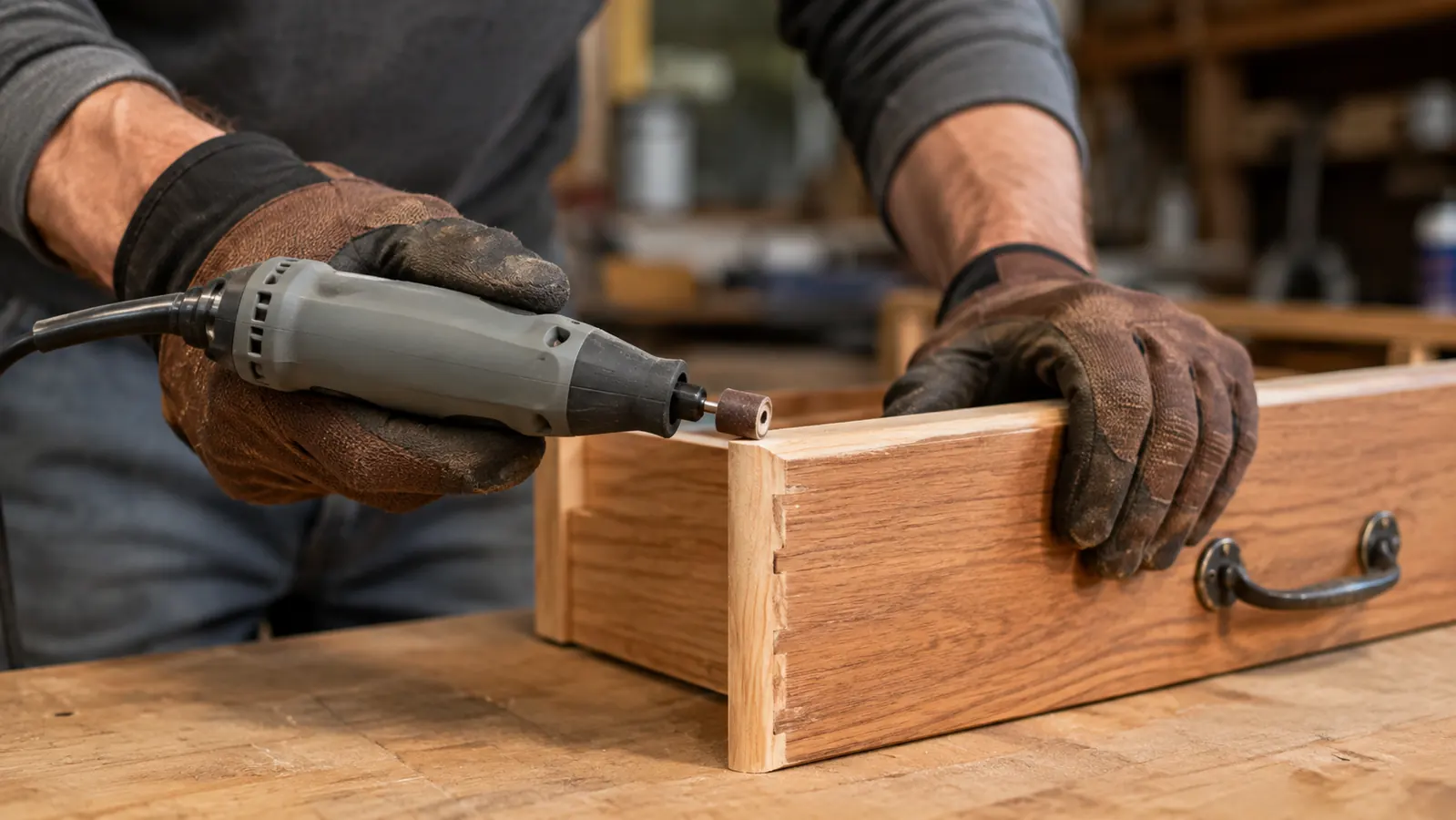 A hand in a work glove guiding a rotary tool with a small sanding band along the edge of a wooden drawer front