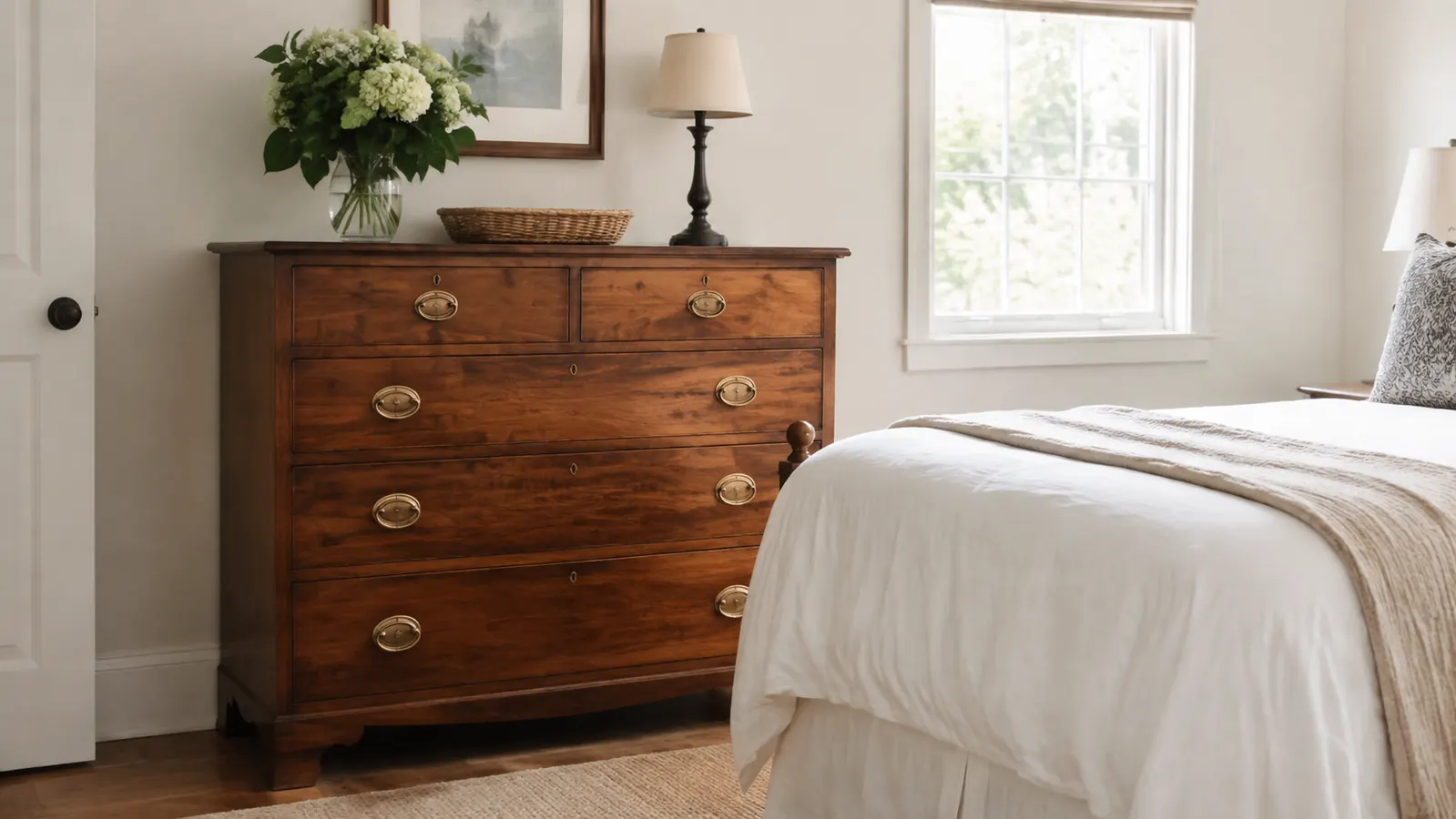 A fully refinished antique wood dresser with polished brass handles standing in a bright guest bedroom near a window