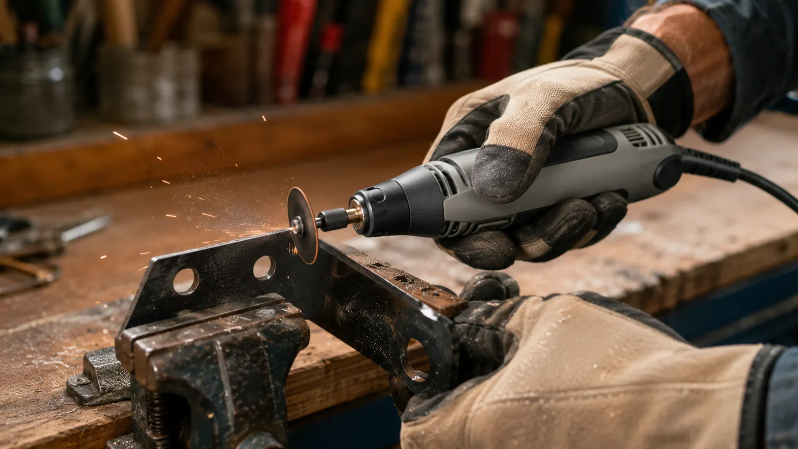 A gloved hand steadying a rotary tool against a metal edge on a workbench while it cuts, small sparks and dust drifting off