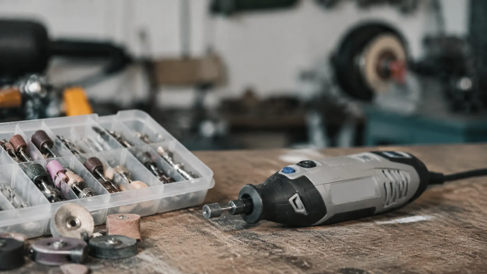 A close view of a rotary tool resting on a bench next to a small box of assorted grinding and cutting bits