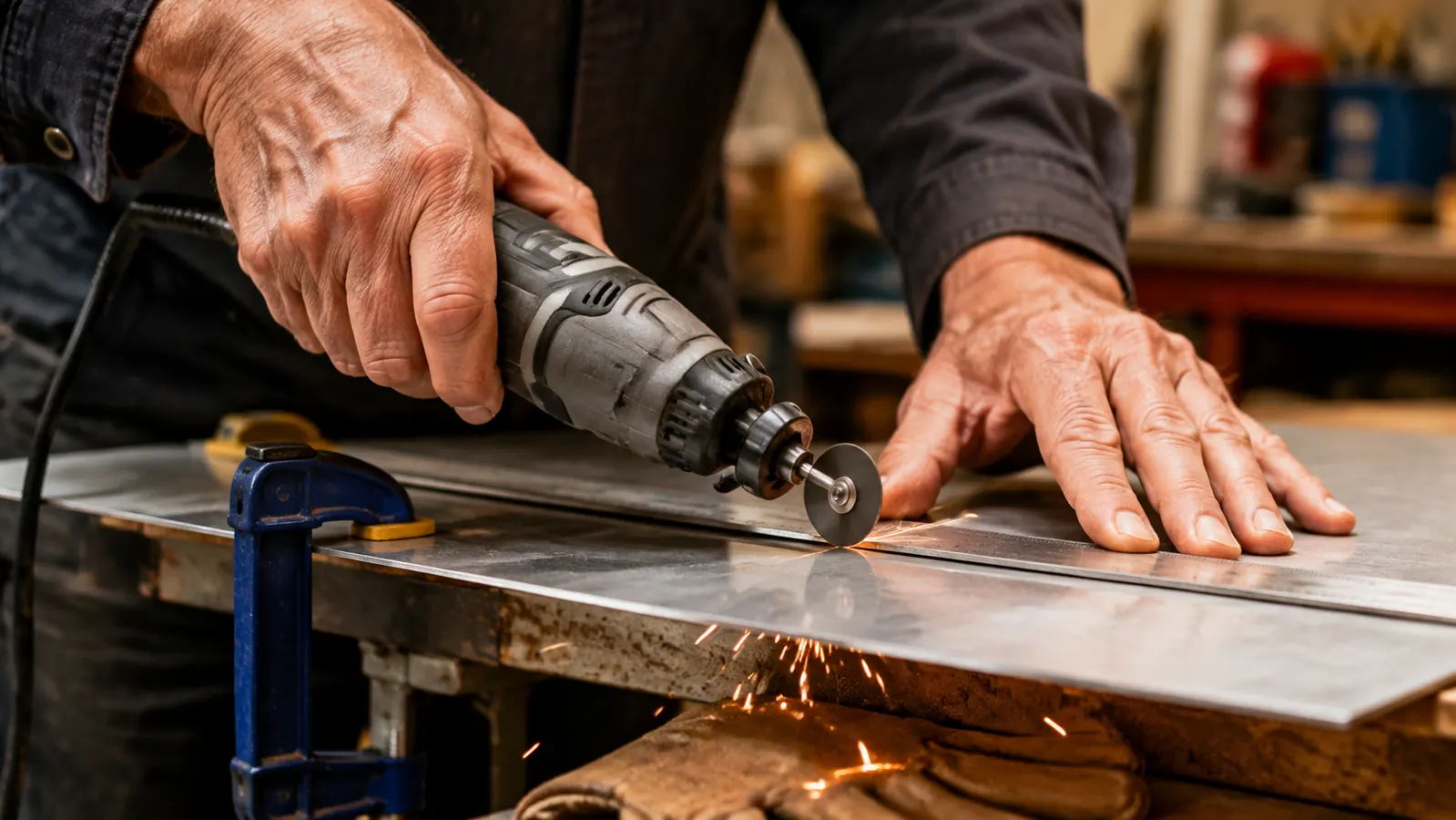 Close view of a steady hand guiding a rotary tool along a straight edge to cut a clean line into a sheet of thin metal, fine sparks falling
