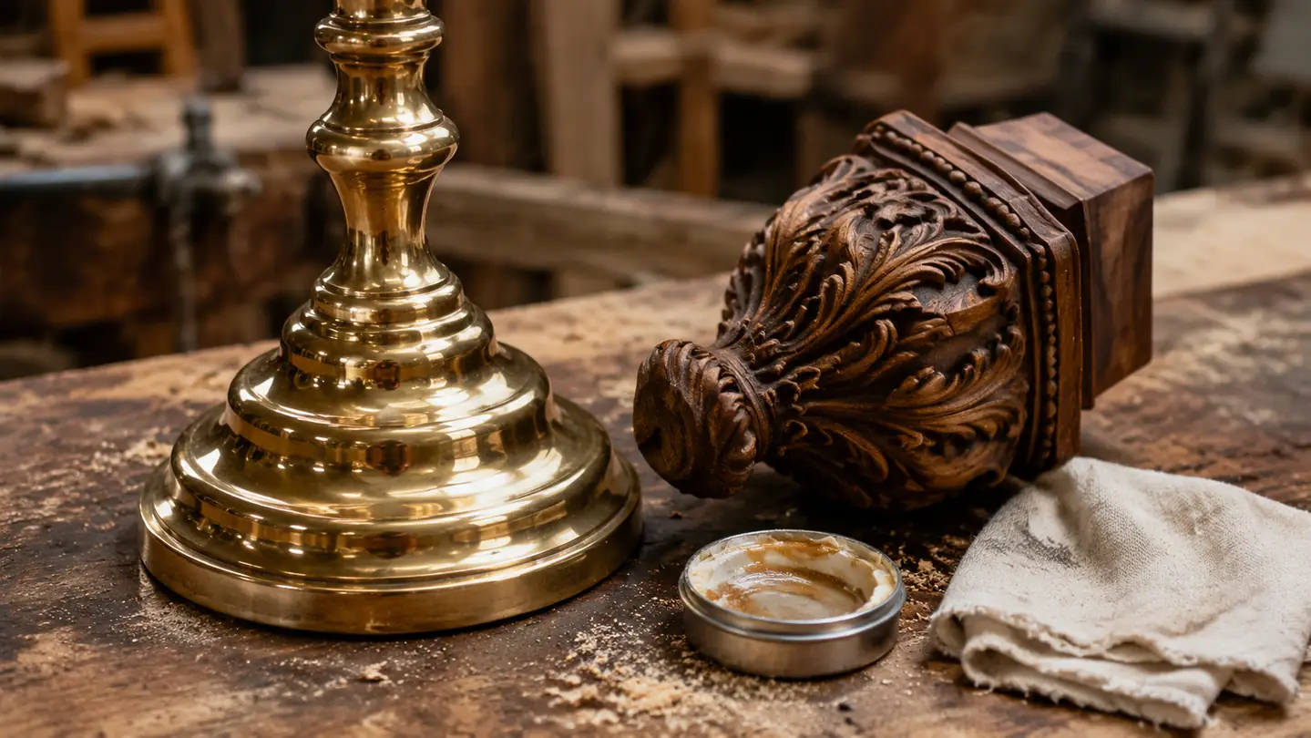A polished brass lamp base and a hand-carved newel top sitting on a workbench beside fine polishing compound and buffing cloths