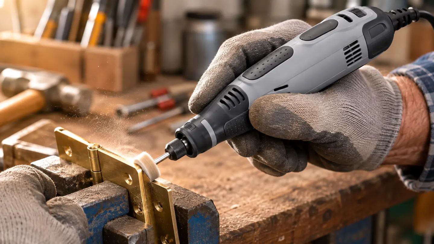 Close-up of a hand guiding a rotary tool to polish the edge of a metal hinge on a bench