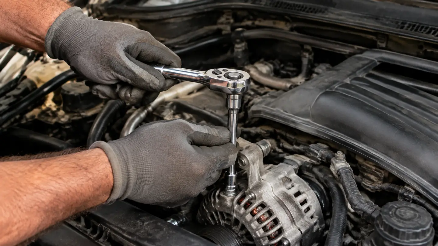 A gloved hand reaching into the engine bay of a sedan with a socket wrench on an alternator bolt
