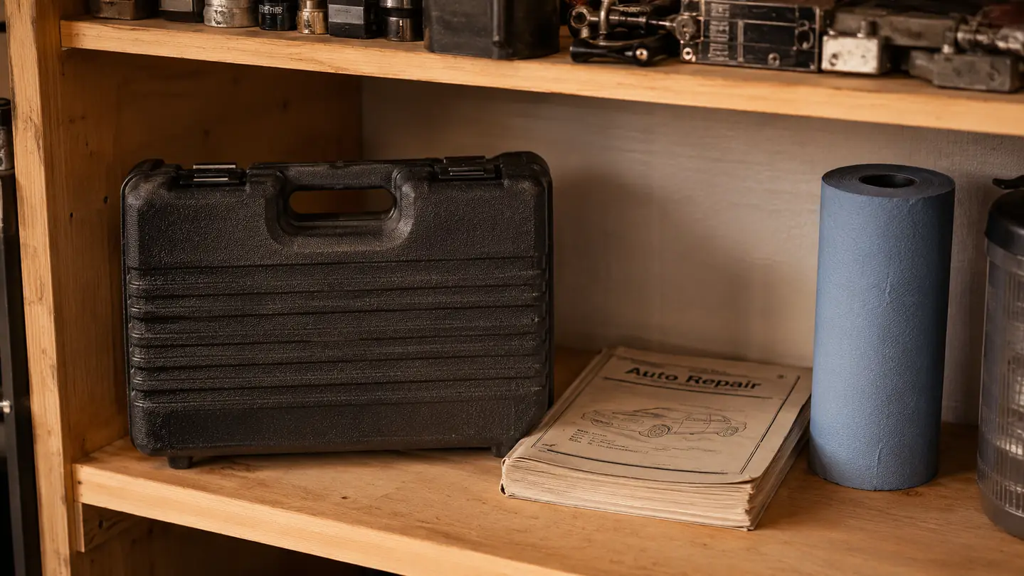 A foam-lined socket set case tucked neatly on a shelf in a small workshop beside a repair manual
