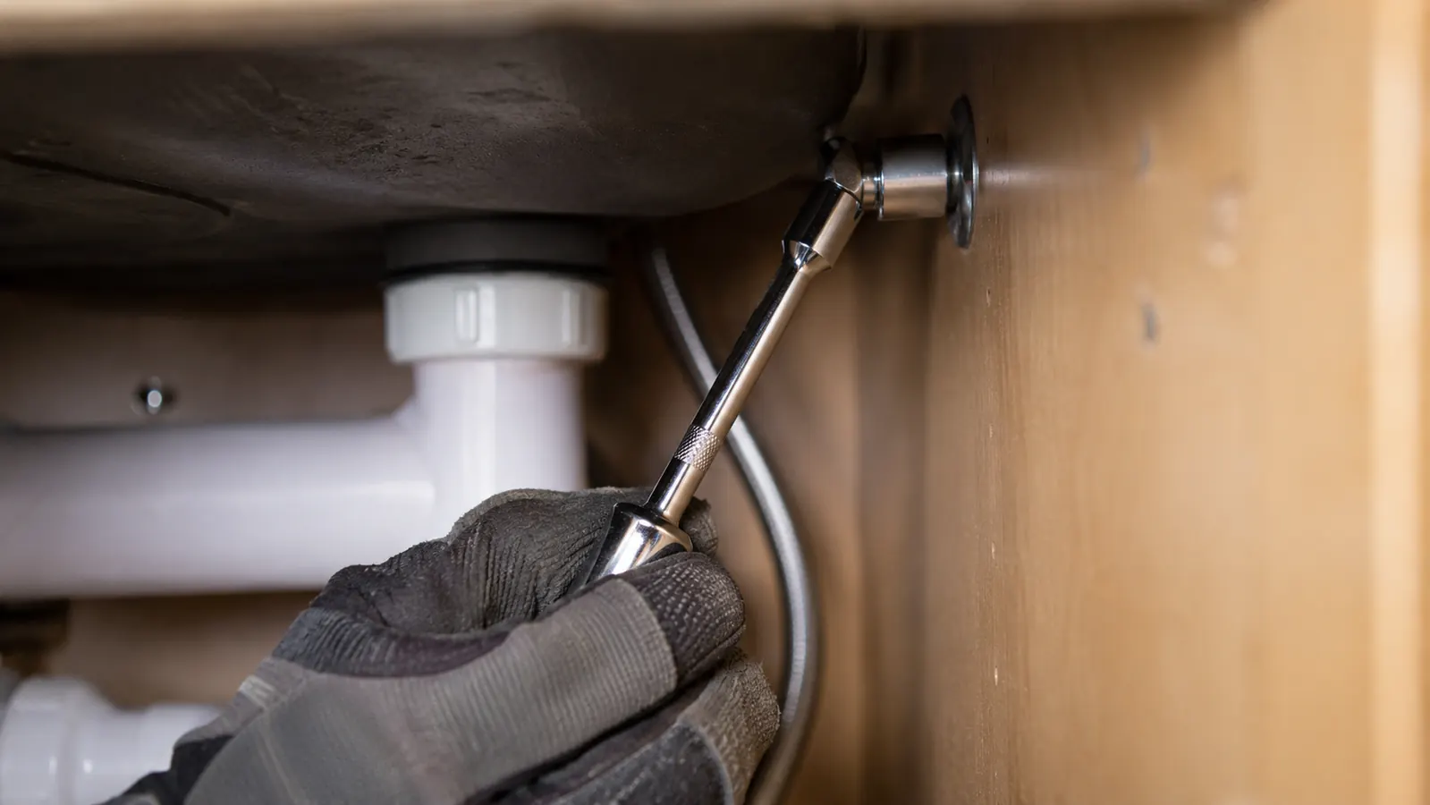 A hand reaching a recessed bolt deep under a sink with a chrome socket on a short extension from the socket set, tight angled shot