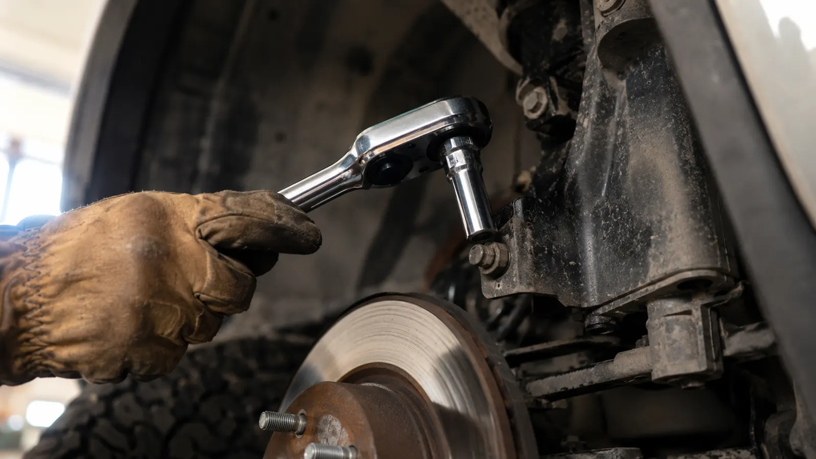 A gloved hand working a chrome socket and pear head ratchet onto a bolt head inside a wheel well, close view, shallow depth of field