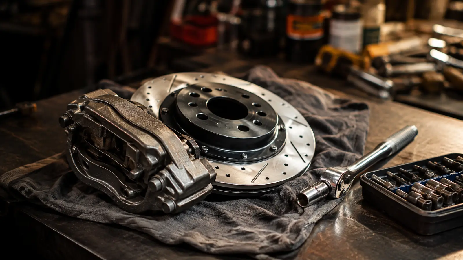 A brake caliper and rotor on a garage bench with a chrome ratchet and socket lying beside them, shop clutter softly blurred behind