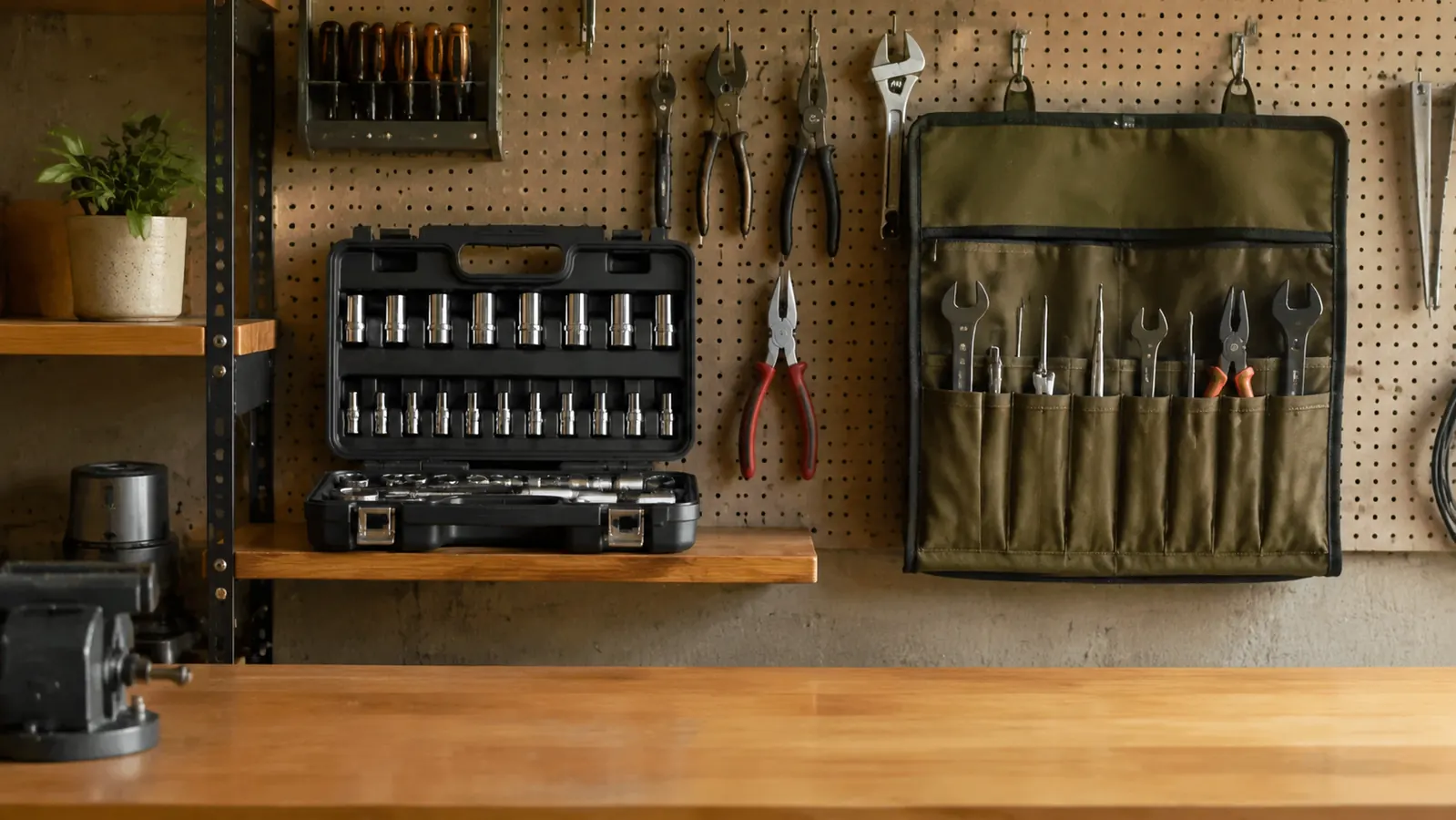 A tidy garage wall with a socket case on a shelf and a small tool roll hanging beside it above a clean workbench