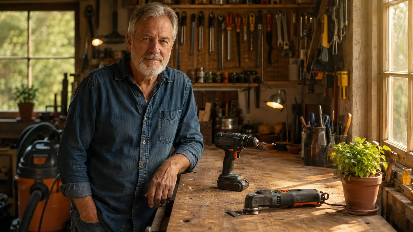A practical handyman's workshop bench laid out with a cordless drill and an oscillating tool on a tidy pegboard wall