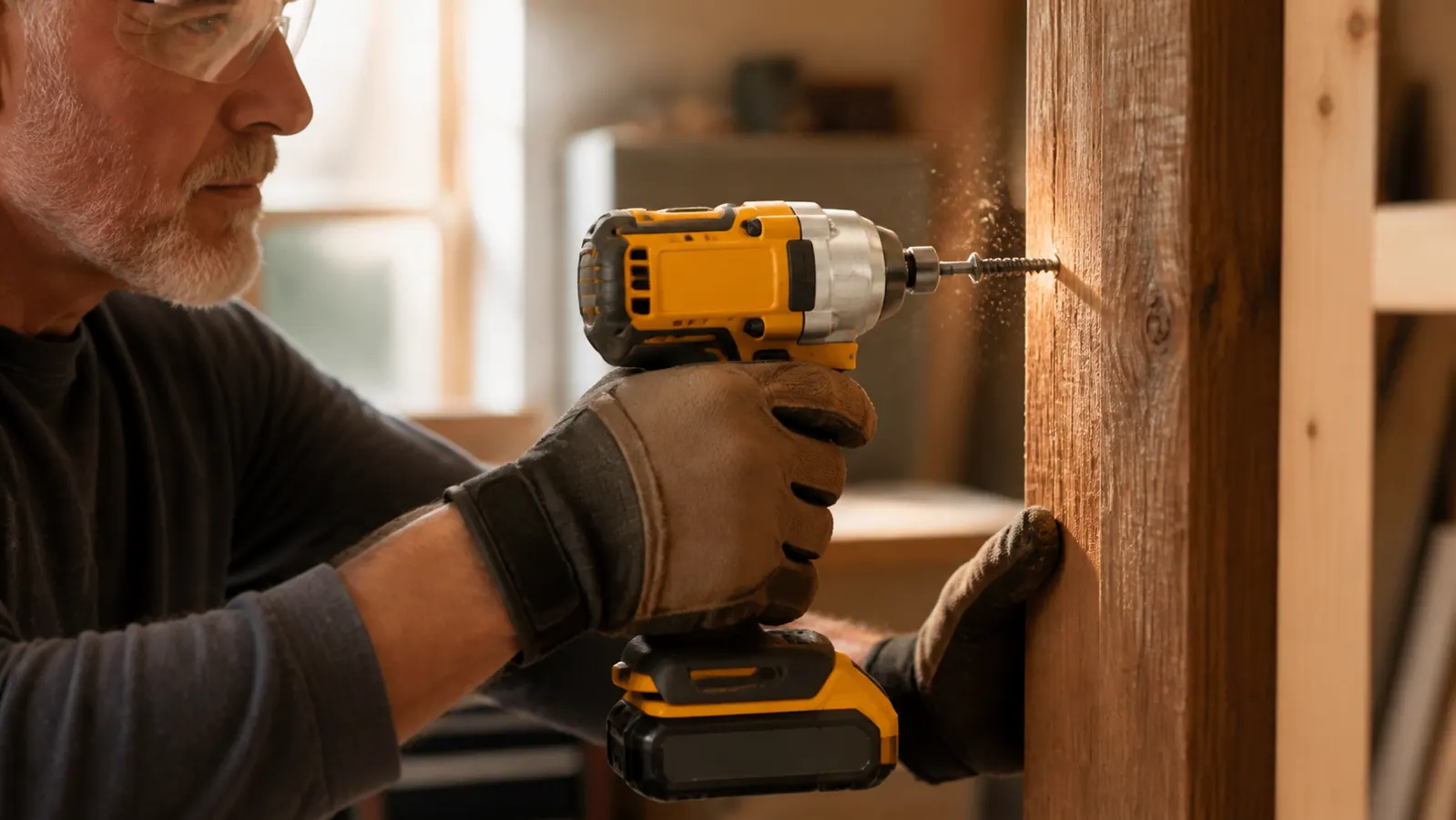 A hand driving a screw into a wooden stud with the cordless impact driver, sawdust drifting in the light