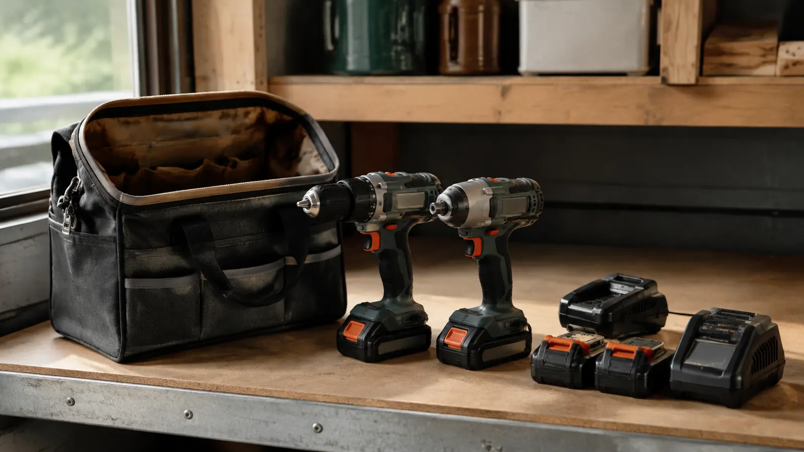An open canvas carrying bag on a garage shelf holding a drill and an impact driver, two battery packs and a charger arranged beside it