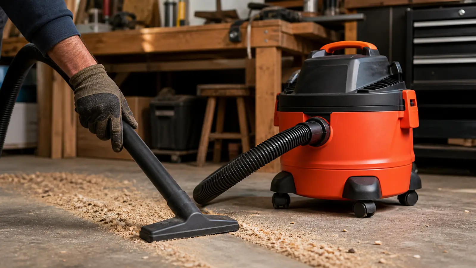 A gloved hand guiding the shop vac hose nozzle across a concrete floor, collecting a pile of sawdust and shavings