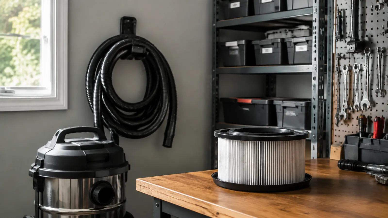 The shop vac hose coiled neatly and hanging on a wall hook beside the empty drum, filter assembly resting on a bench, an organized shop corner