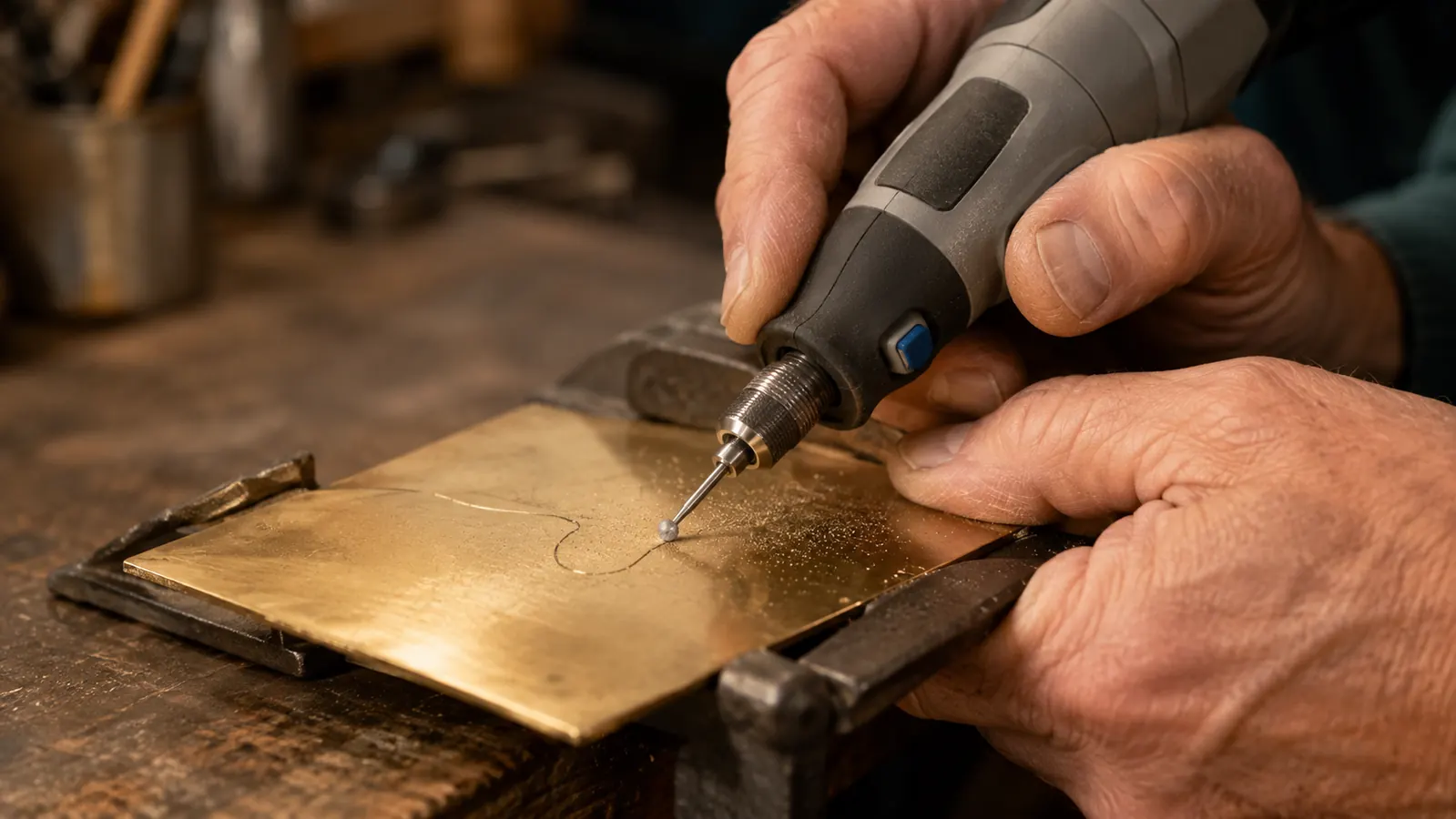 A steady hand guiding a rotary tool with a ball engraving bit along a pencil line on a brass plate clamped to a bench, fine metallic dust drifting off the cut