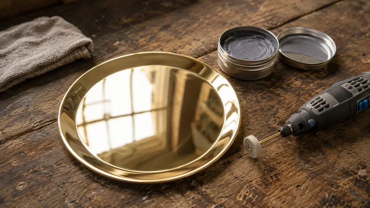 A square of brass polished to a mirror finish sitting beside the rotary tool, a felt bob and compound tin on the bench, soft reflections visible in the polished metal