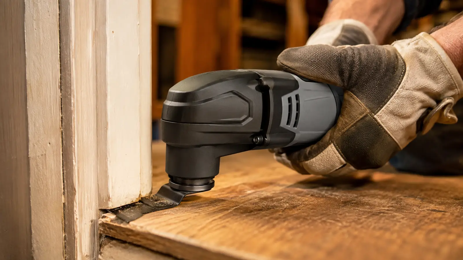 Close view of an oscillating multi-tool blade slicing a plank flush against a door frame, hand holding the tool steady