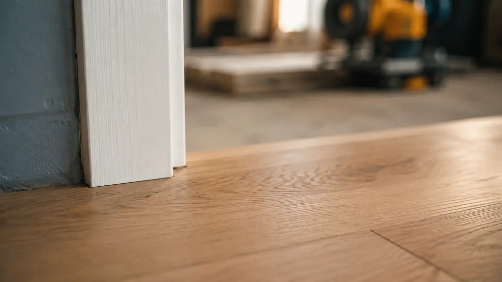 A clean finished flush cut where new floor planks meet a door jamb with no gap and no scoring on the jamb