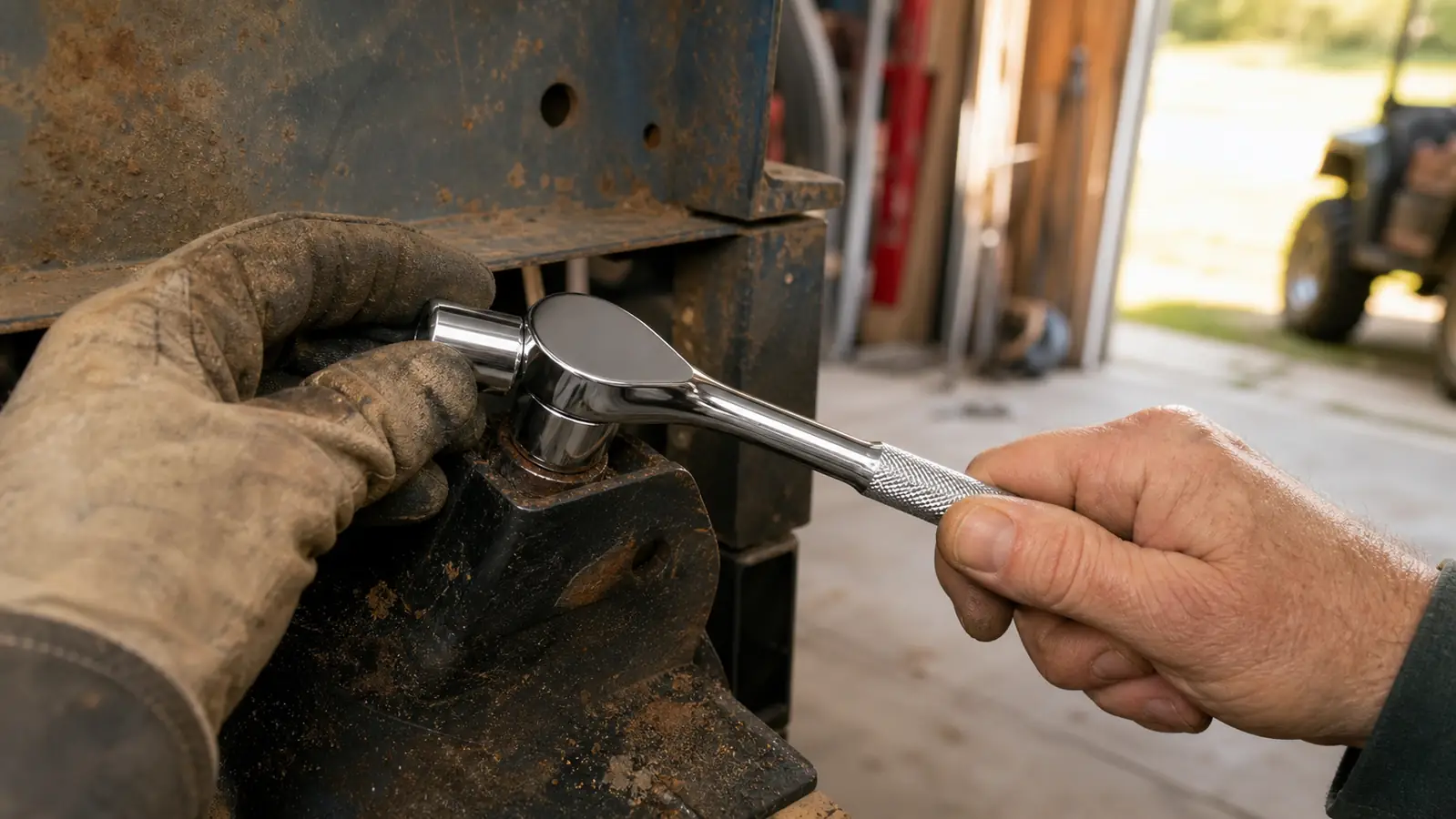 A gloved hand seating a chrome socket onto a rusted bolt head with a pear head ratchet, close view inside a bracket