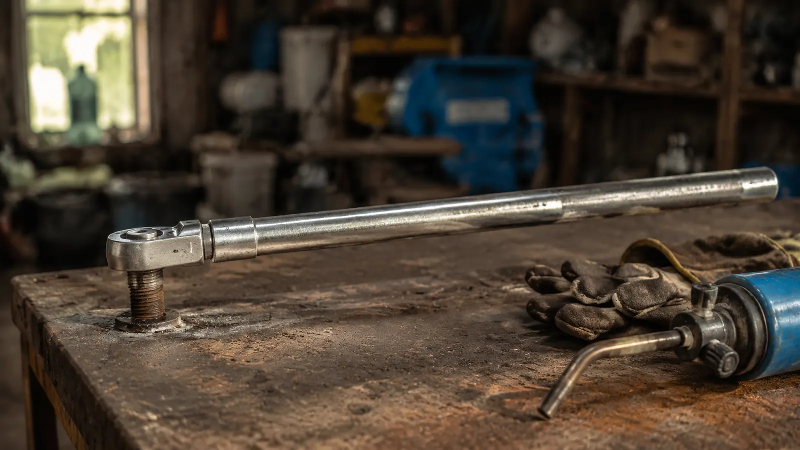 A tall steel cheater bar slipped over the handle of a chrome ratchet on a rusted bolt, a propane torch and work gloves on the bench nearby