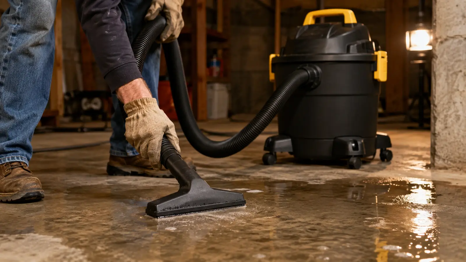 A hand guiding the nozzle of a shop vac hose across a concrete basement floor with a shallow puddle of water