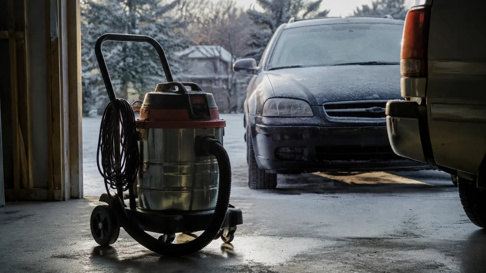 A shop vac on a dolly parked in a cold garage at night, frost on a car windshield beyond, breath visible in the cold air