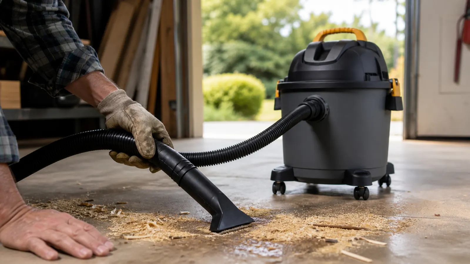 A hand guiding a shop vacuum hose across a concrete garage floor to pick up damp sawdust and wood debris